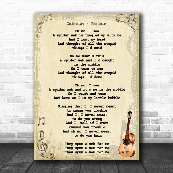 Coldplay Trouble Song Lyric Vintage Music Wall Art Print