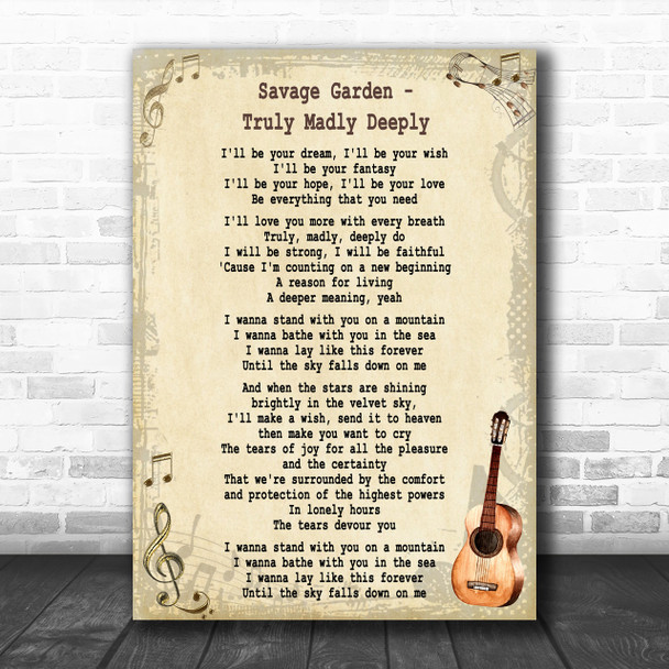 Savage Garden Truly madly Deeply Song Lyric Vintage Music Wall Art Print