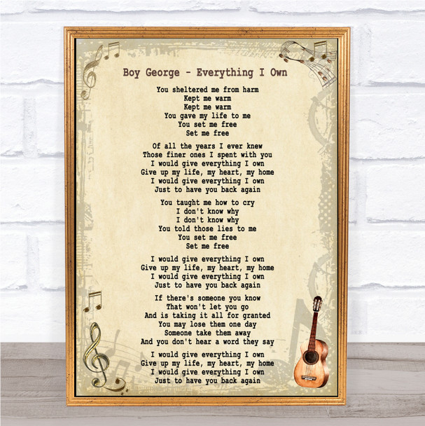 Boy George Everything I Own Song Lyric Music Wall Art Print