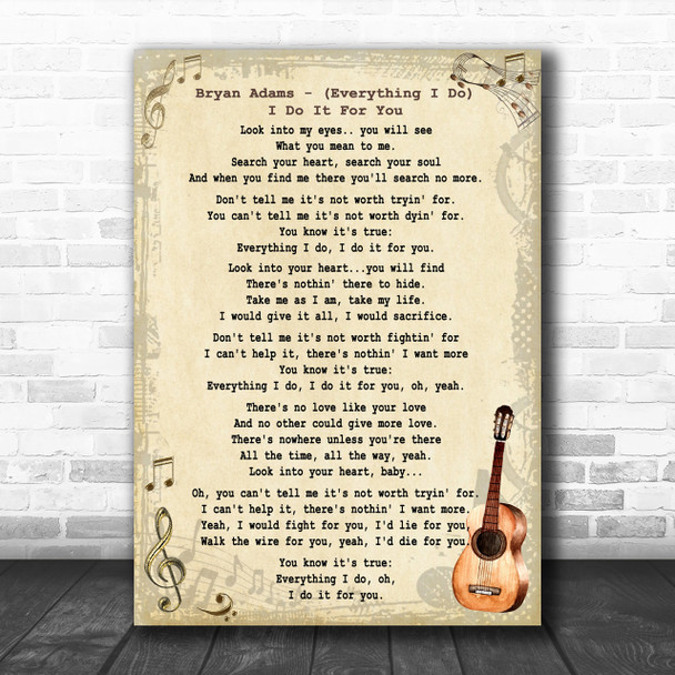 Bryan Adams Everything I Do I Do It For You Song Lyric Vintage Music Wall Art Print