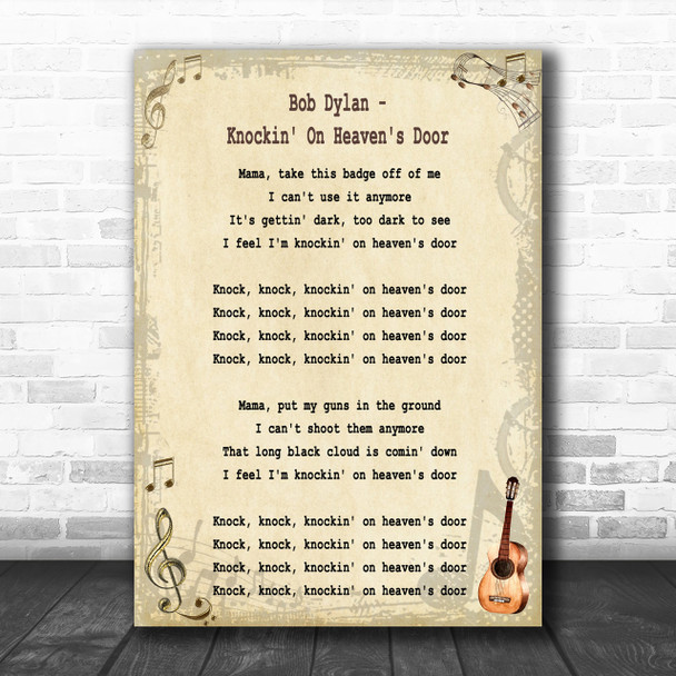 Bob Dylan Knockin' On Heaven's Door Song Lyric Music Wall Art Print