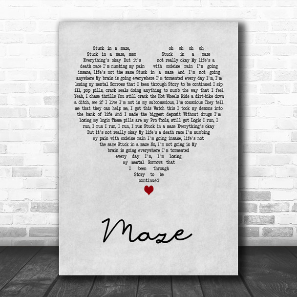 Juice WRLD Maze Grey Heart Song Lyric Art Print