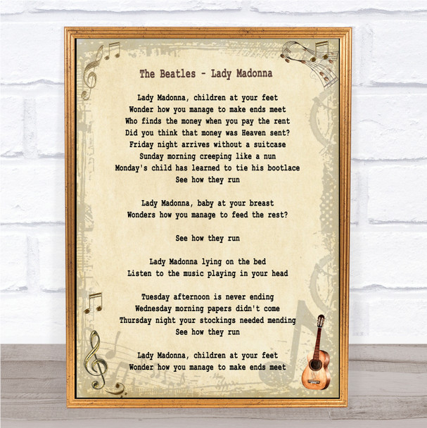 The Beatles Lady Madonna Song Lyric Music Wall Art Print