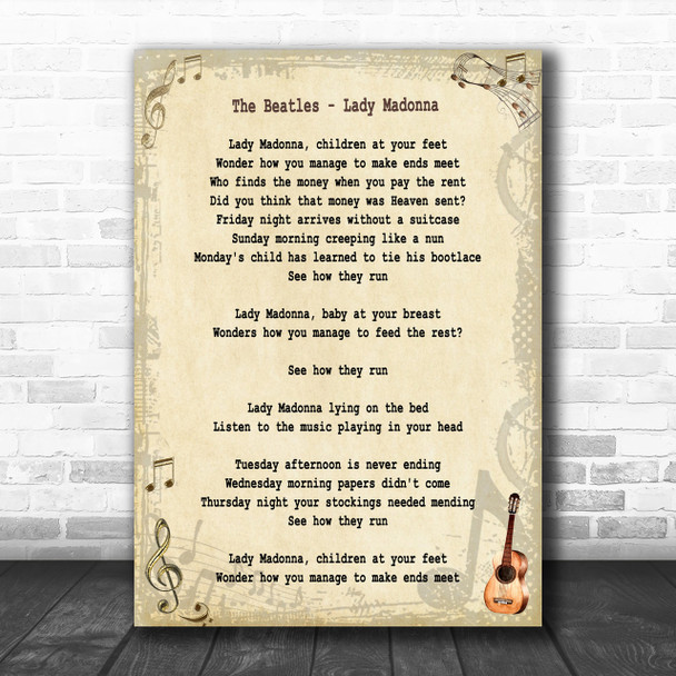 The Beatles Lady Madonna Song Lyric Music Wall Art Print