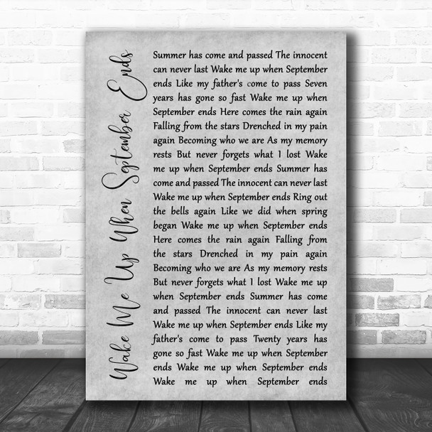 Green Day Wake Me Up When September Ends Grey Rustic Script Song Lyric Art Print