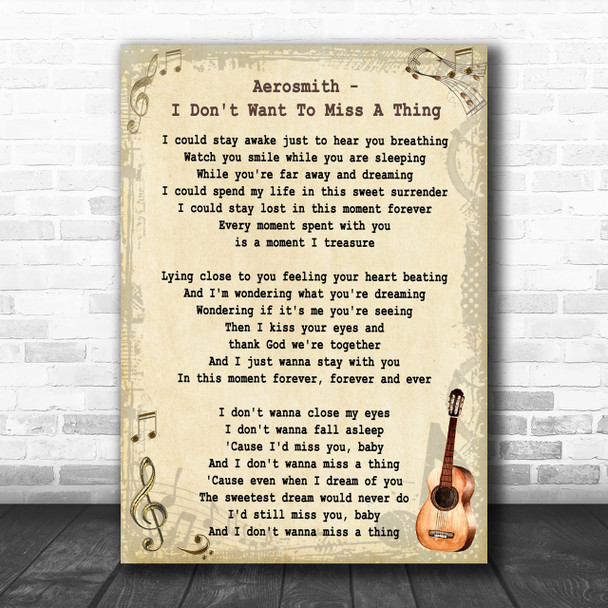 Aerosmith I Don't Want To Miss A Thing Song Lyric Vintage Music Wall Art Print