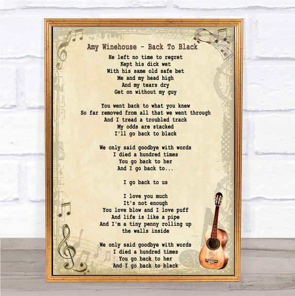 Amy Winehouse Back To Black Song Lyric Vintage Music Wall Art Print