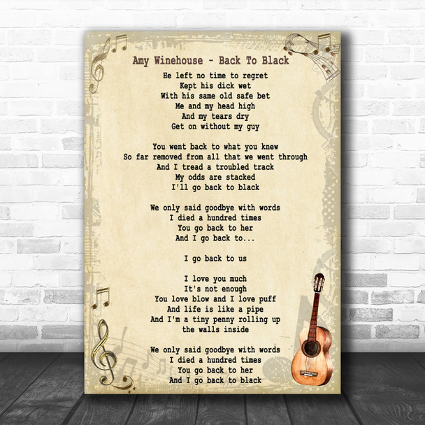 Amy Winehouse Back To Black Song Lyric Vintage Music Wall Art Designs