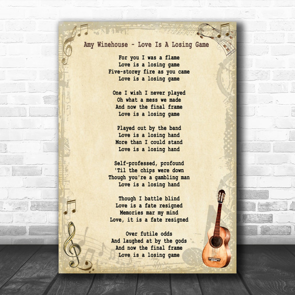 Amy Winehouse Love Is A Losing Game Song Lyric Vintage Music Wall Art Print