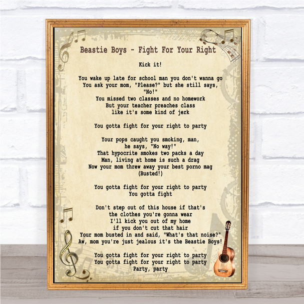 Beastie Boys Fight For Your Right Song Lyric Music Wall Art Print