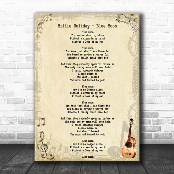 Billie Holiday Blue Moon Song Lyric Music Wall Art Print