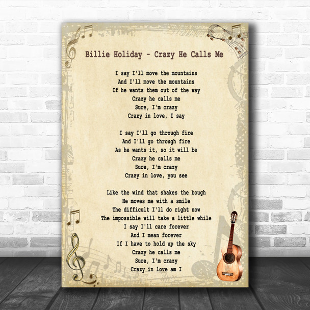 Billie Holiday Crazy He Calls Me Song Lyric Music Wall Art Print
