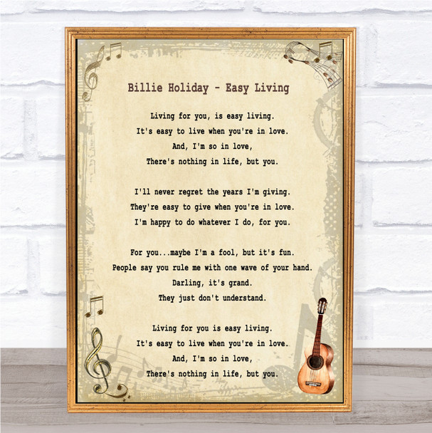 Billie Holiday Easy Living Song Lyric Music Wall Art Print