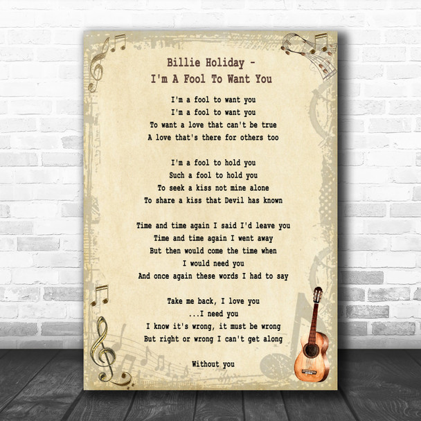 Billie Holiday I'm A Fool To Want You Song Lyric Music Wall Art Print