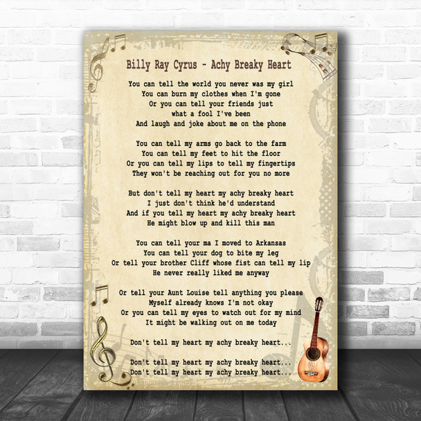 Billy Ray Cyrus Achy Breaky Heart Song Lyric Music Wall Art Print