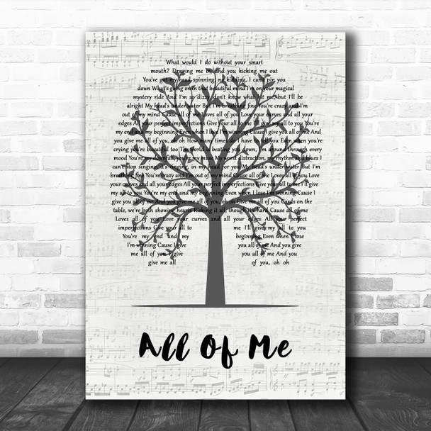 John Legend All Of Me Music Script Tree Song Lyric Art Print