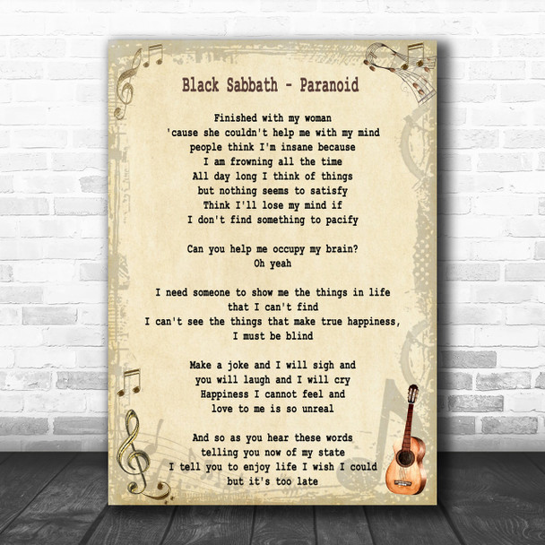 Black Sabbath Paranoid Song Lyric Music Wall Art Print