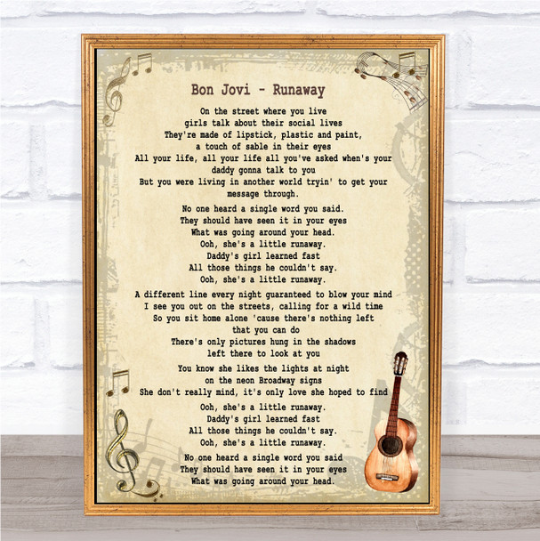 Bon Jovi Runaway Song Lyric Music Wall Art Print