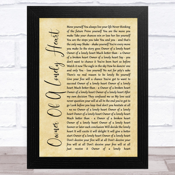Yes Owner Of A Lonely Heart Rustic Script Song Lyric Art Print