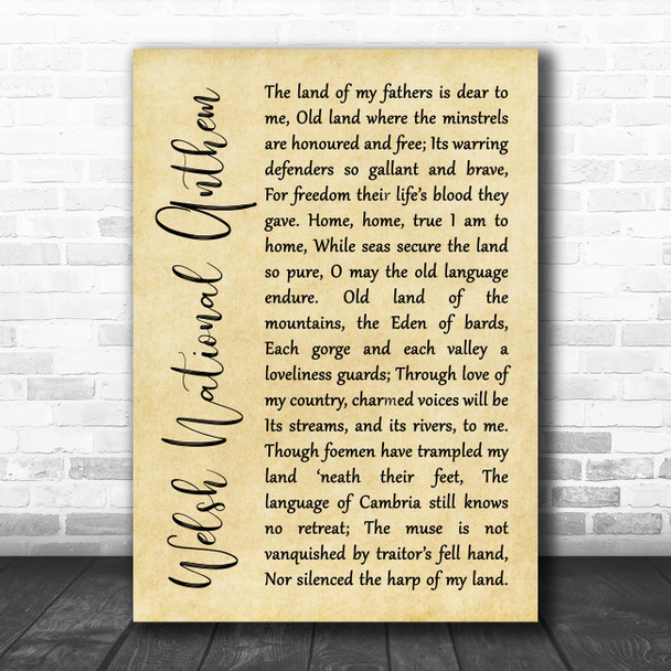 Welsh National Anthem Welsh National Anthem Rustic Script Song Lyric Art Print