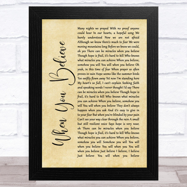 Whitney Houston & Mariah Carey When You Believe Rustic Script Song Lyric Art Print