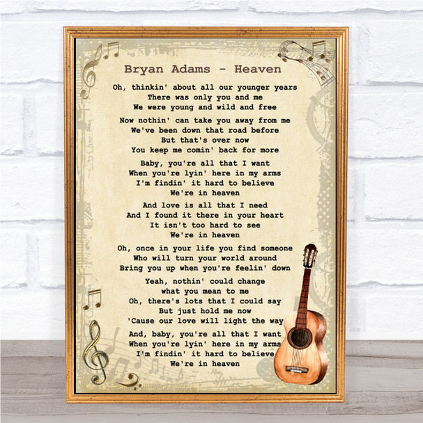 Bryan Adams Heaven Song Lyric Vintage Music Wall Art Print