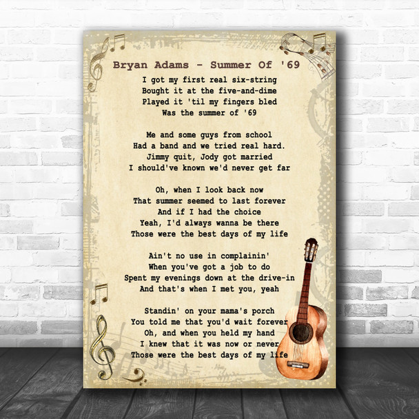 Bryan Adams Summer Of 69 Song Lyric Vintage Music Wall Art Print