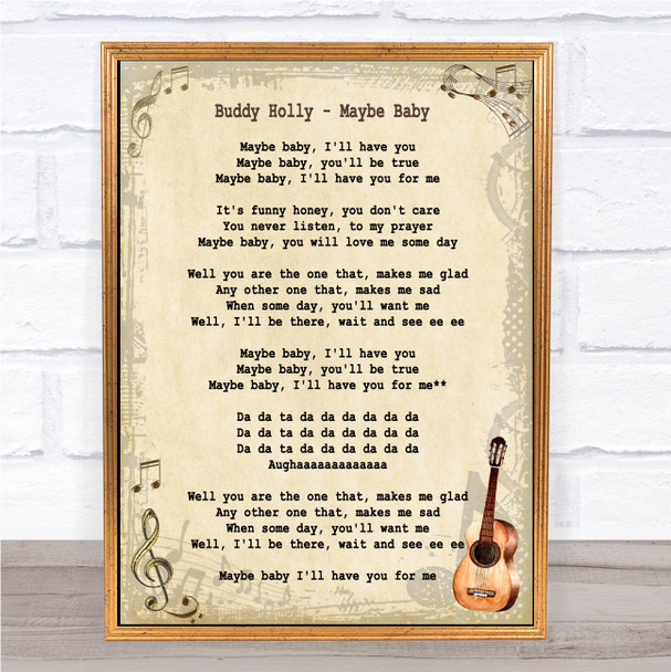 Buddy Holly Maybe Baby Song Lyric Vintage Music Wall Art Print