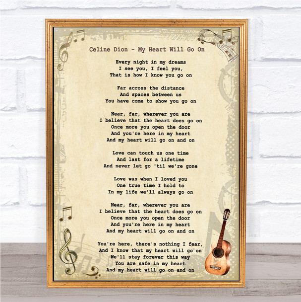 Celine Dion My Heart Will Go On Vintage Guitar Song Lyric Music Wall Art Print