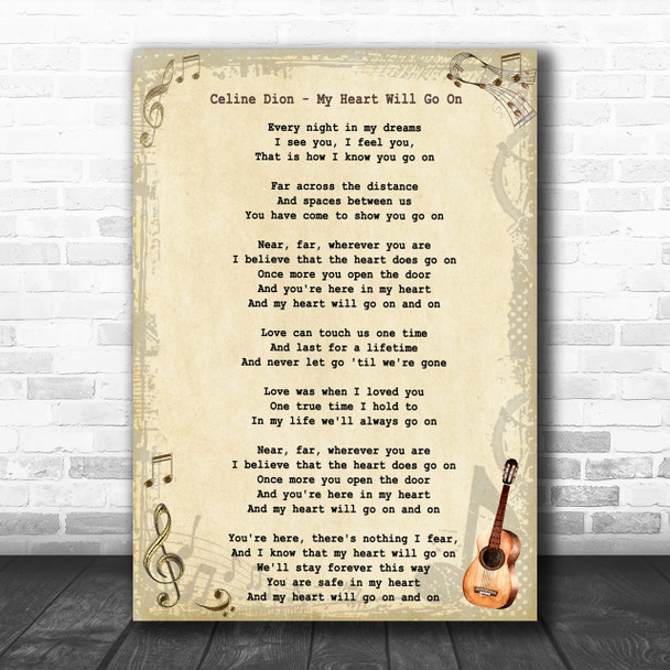 Celine Dion My Heart Will Go On Vintage Guitar Song Lyric Music Wall Art Print