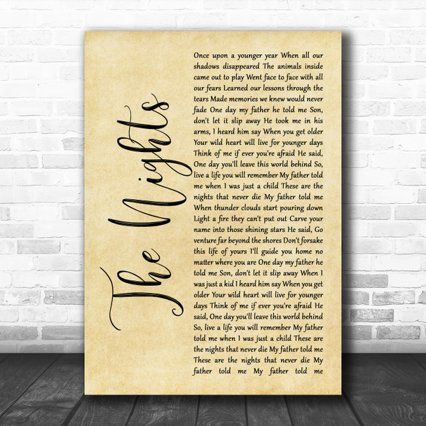 Avicii The Nights Rustic Script Song Lyric Art Print