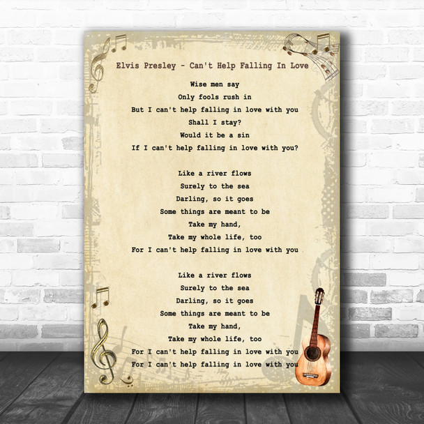 Elvis Presley - Can't Help Falling In Love Song Lyric Guitar Music Wall Art Print
