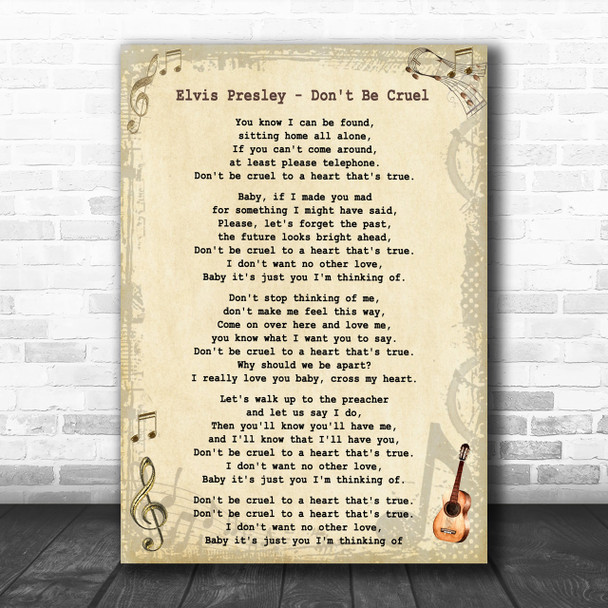 Elvis Presley Don't Be Cruel Vintage Guitar Song Lyric Music Wall Art Print