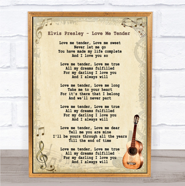 Elvis Presley Love Me Tender Song Lyric Vintage Music Wall Art Print