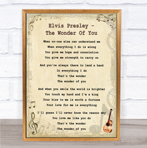 Elvis Presley The Wonder Of You Vintage Guitar Song Lyric Music Wall Art Print