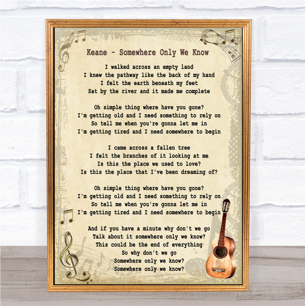 Keane Somewhere Only We Know Song Lyric Vintage Music Wall Art Print