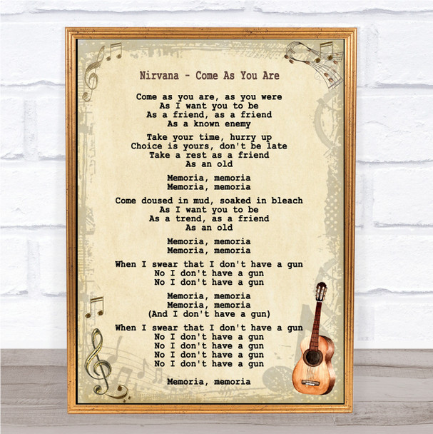 Nirvana Come As You Are Song Lyric Vintage Music Wall Art Print