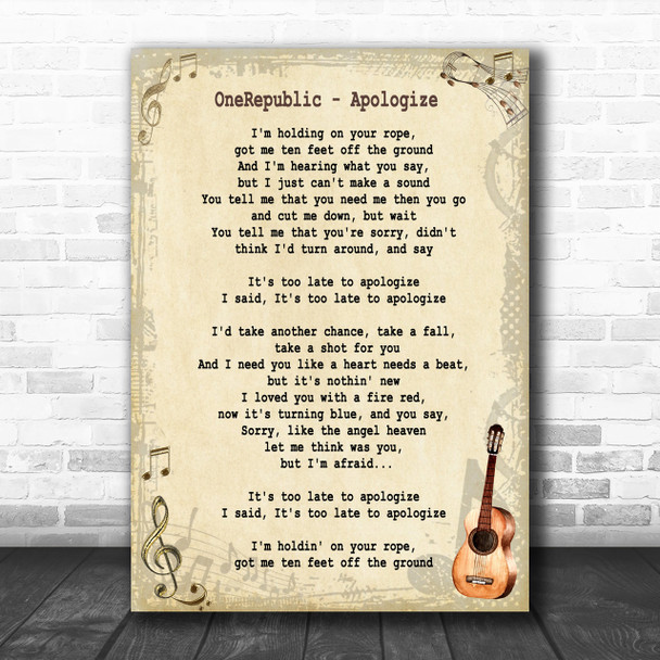 OneRepublic Apologize Song Lyric Vintage Music Wall Art Print