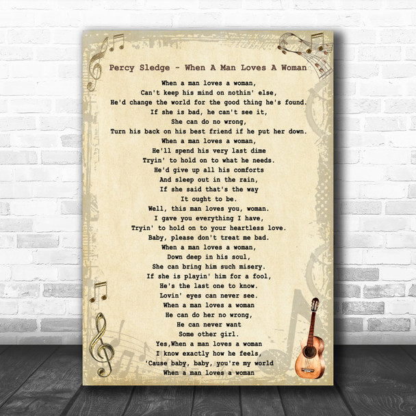 Percy Sledge - When A Man Loves A Woman Song Lyric Guitar Music Wall Art Print