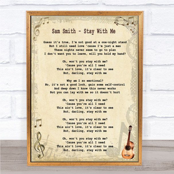 Sam Smith - Stay With Me Song Lyric Guitar Music Wall Art Print