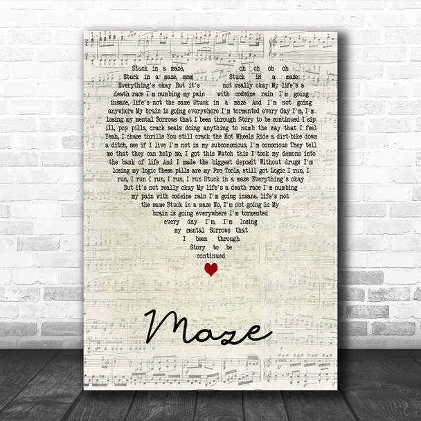 Juice WRLD Maze Script Heart Song Lyric Art Print