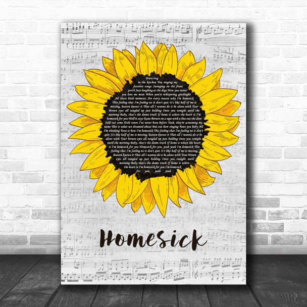 Kane Brown Homesick Grey Script Sunflower Song Lyric Art Print