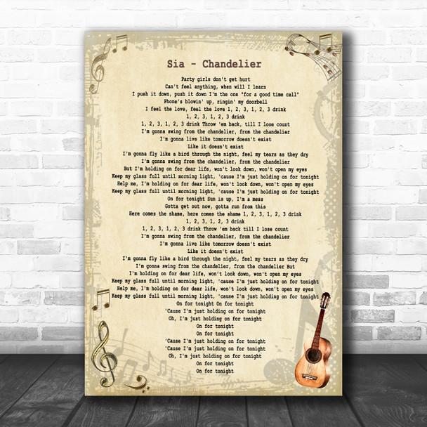 Sia Chandelier Vintage Guitar Song Lyric Art Print