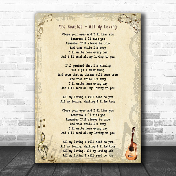 The Beatles All My Loving Song Lyric Music Wall Art Print