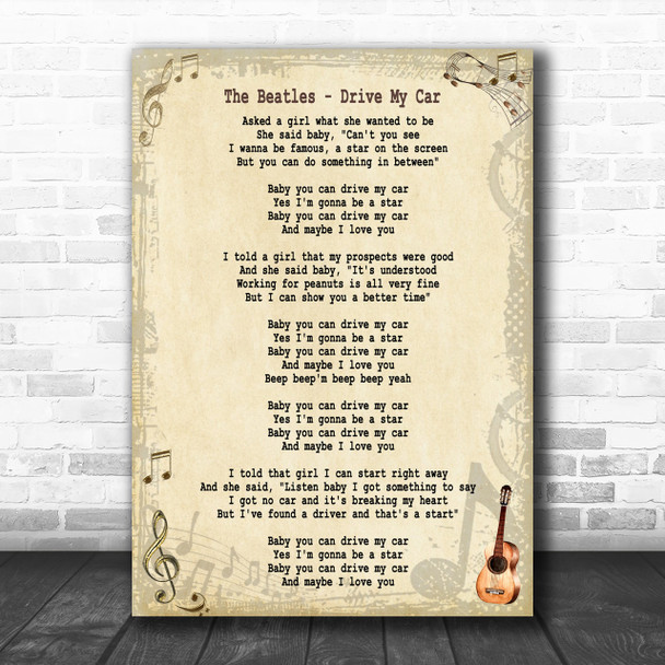 The Beatles Drive My Car Song Lyric Music Wall Art Print