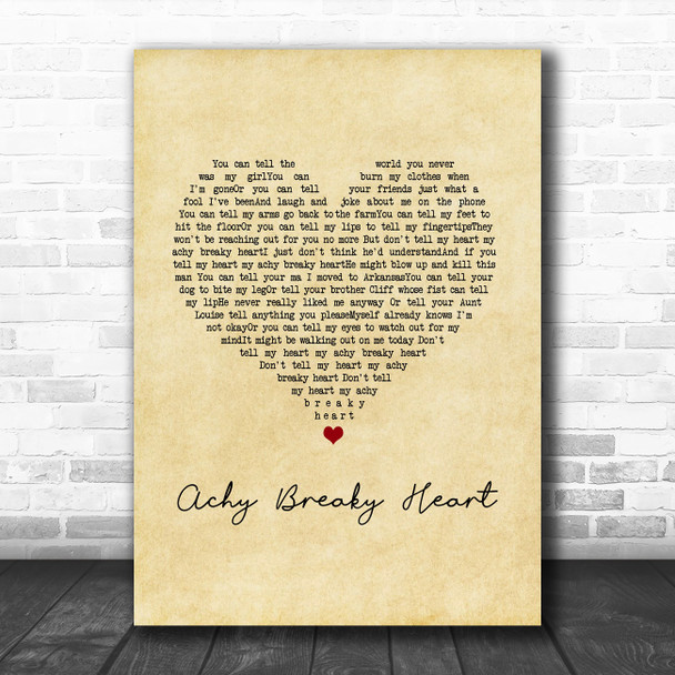 Billy Ray Cyrus Achy Breaky Heart Vintage Heart Song Lyric Art Print