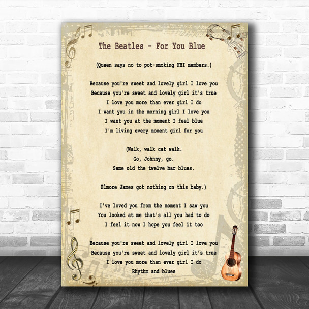 The Beatles For You Blue Song Lyric Music Wall Art Print