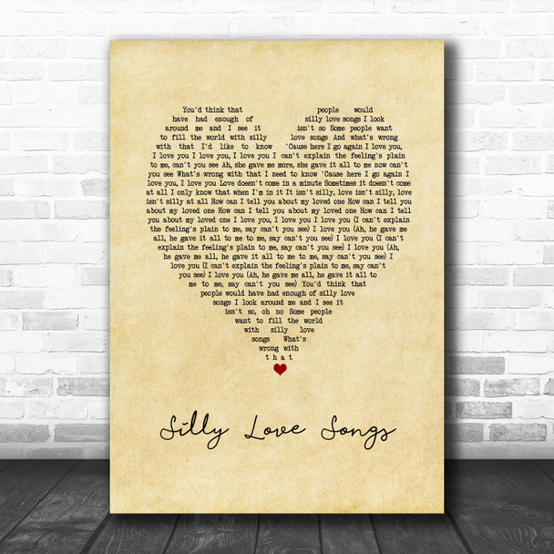 Paul McCartney and Wings Silly Love Songs Vintage Heart Song Lyric Art Print