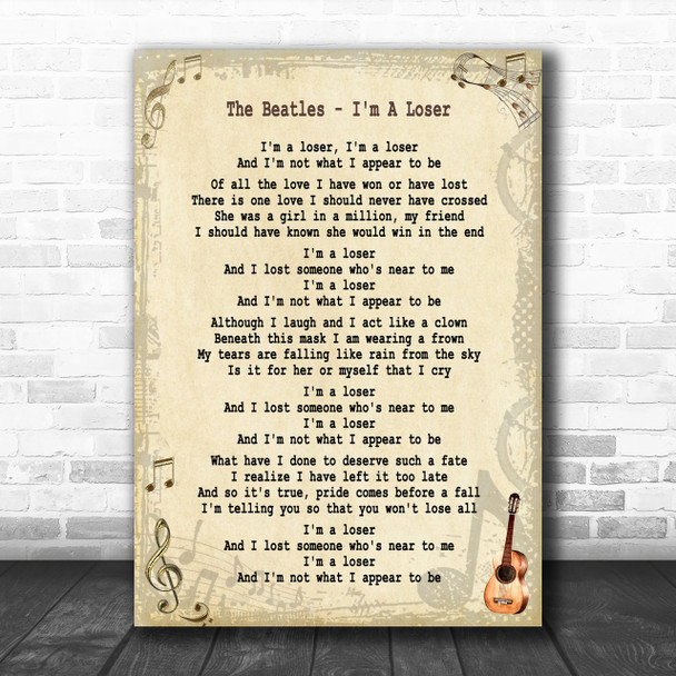 The Beatles I'm A Loser Song Lyric Music Wall Art Print