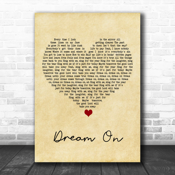 Aerosmith Dream On Vintage Heart Song Lyric Art Print